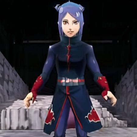 1girl, konan \(naruto\),  (akatsuki outfit:1.2), labret piercing, blue hair, standing,