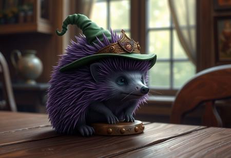 A purple hedgehog sitting on a wooden table, wearing a 3D, epic, and cursed green hat, inspired by Amos Sewell, Royo, and Ted Nasmith. The image should blend the styles of Artgerm, Greg Rutkowski, and Alphonse Mucha with intricate, ornate details and sharp focus. Apply the golden ratio for composition, aiming for a masterpiece trending on Artstation. The final output should be in 8K resolution with lifelike details and micro details.