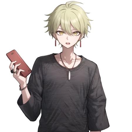 danganronpaRantaroAmami, (white background), 20 years old, (masculine), masculine face, 1boy, solo, looking at viewer, (wearing red japanese traditional clothing:1.2), (holding a tablet in hand:1.2), best quality hands, plain background, short hair, simple background, hair between eyes, jewelry, green eyes, earrings, green hair, teeth, shiny, hand up, necklace, shiny hair, bracelet, upper teeth only, piercing, ring, antenna hair, (messy hair:1.2), ear piercing, striped shirt, thumb ring <lora:danganronpaRantaroAmami:0.6>