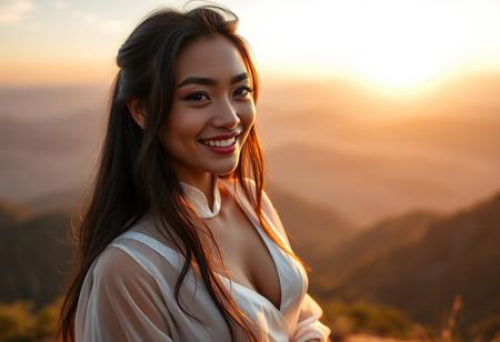 Gorgeous, deep Bronze-skinned Eurasian exotic model with long shiny black hair, thin, angled eyebrows, blue eye shadow, ruby full lips, slim and voluptuous body, wearing a translucent white silk Ao Dai, on top of a mountain at dawn, smiling