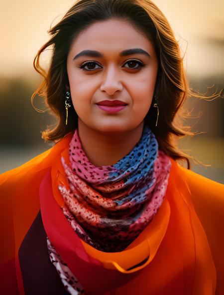 KeerthySuresh, (art by Dariusz Klimczak:1.1) , photograph, Paradoxical Noble Woman, Twisted Scarf, Frantic Cigarette, at Golden hour, Cubism, volumetric lighting, film grain, Canon 5d mark 4, macro lens,  <lora:KeerthySureshSD1.5:1>