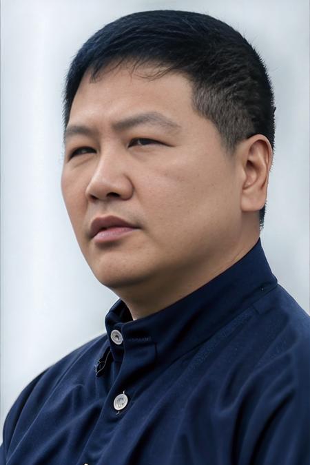 best quality, masterpiece,  Asian men,mole, solo, lips, grey_background, mole_under_eye, realistic, upper_body, looking_at_viewer, black_hair, brown_eyes, sweater, forehead,Rough skin,nose, turtleneck, old man, 40 yeas old,<lora:chenlong:0.8>