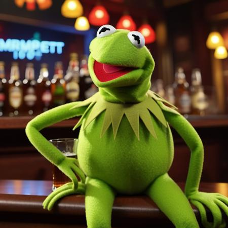 Kermit1024,a muppet frog, full body, drink beer in a pub, neon lights sign "Kermit" , highly detailed, photography, ultra sharp, film, bokeh, professional, 4k  <lora:add-detail-xl:1.5>   <lora:Kermit1024:0.8>