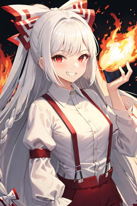 best quality, masterpiece, highres, solo, {fujiwara_no_mokou_touhou:1.15}, long_hair, bow, hair_bow, red_eyes, white_hair, suspenders, very_long_hair, bangs, white_bow, fire, hair_ribbon, 1girl, collared_shirt, looking_at_viewer, shirt, white_shirt, long_sleeves, smile, upper_body, grin, puffy_sleeves