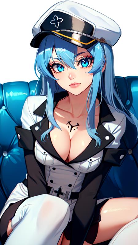 <lora:WesternAnimeLike-000016:0.8> 
WesternAnimeLike, 
<lora:esdeath-v2-10:0.8> , 
1girl, esdeath, blue hair, blue eyes, colored eyelashes, chest tattoo, breasts, cleavage, collarbone, hat, large breasts, long hair, looking at viewer, peaked cap, sitting, smile, thighhighs, couch,  military uniform, simple background, white background, 
(((masterpiece))), (highest quality), ((perfect face)), very deep eyes, (cinematic lighting), detailed eyes, best quality, bishoujo, sidelight, highres, (intricate details),