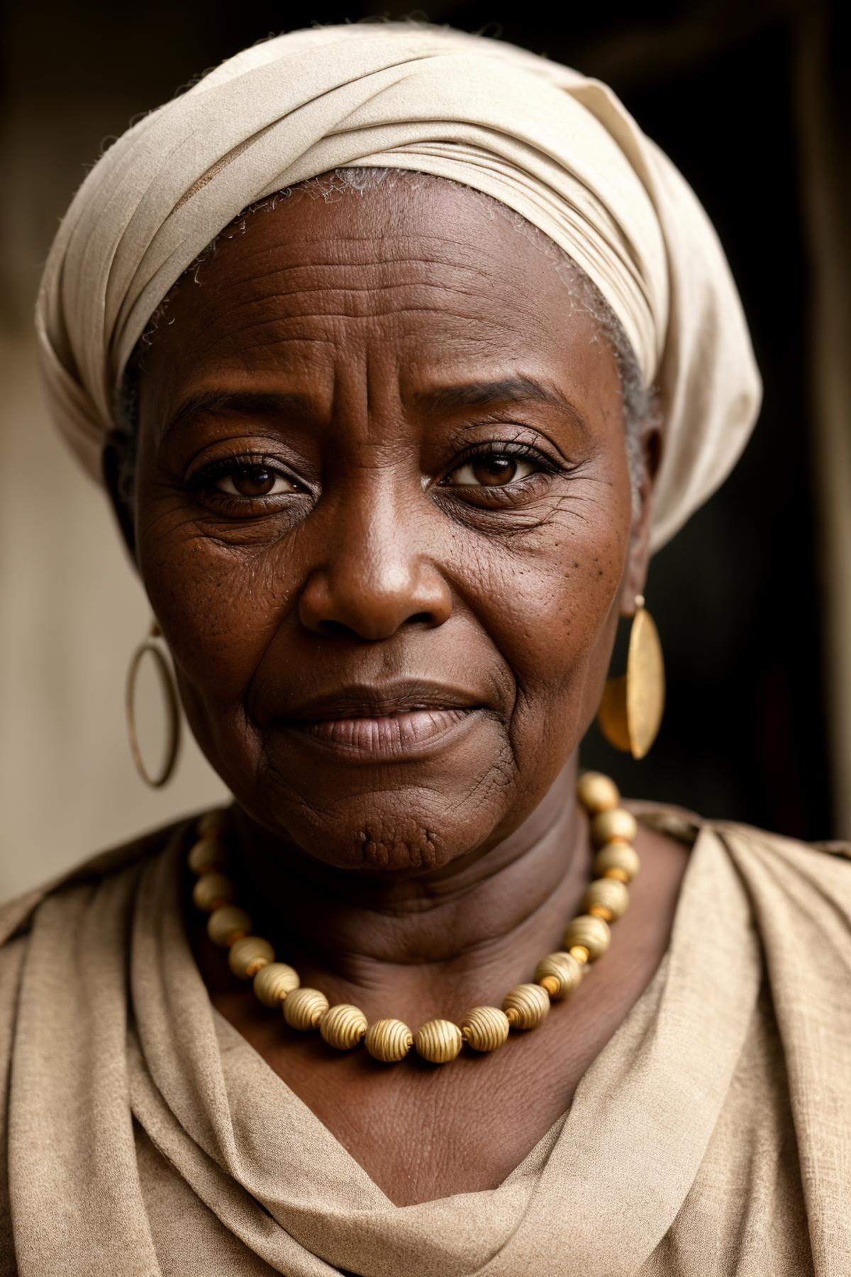 A close-up of an older woman wearing a white head wrap and a gold necklace.