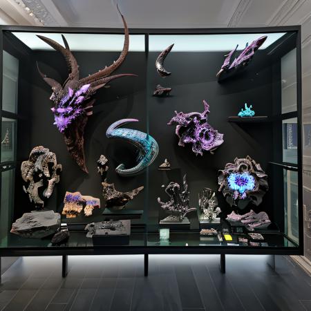 antixdisplay, xeno artifact in a glass box display, 8k uhd, 4k intricate complex highly detailed, ray traced