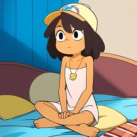 <lora:MouseDroners:0.7><lora:cartoon_fanart_style:0.2>cartoon fanart style, mouserdroners, 1girl, short in stature, tanned skin, brown hair,  shoulder-length hair, night gown, pink pajama, a yellow and white seashell necklace, sunshine, night, indoor, bed, (best quality, masterpiece:1.3) , ((blue cap)), cap, sitting, sitting on the bed