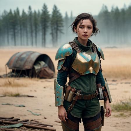 a young_woman, detailed, postapocalyptic armor, (in battle, war), short hair, (((full body:1.3))), Photorealistic, Hyperrealistic, Hyperdetailed, analog style, detailed skin, matte skin, soft lighting, subsurface scattering, realistic, heavy shadow, masterpiece, best quality, ultra realistic, 8k, golden ratio, Intricate, High Detail, film photography, soft focus, RAW candid cinema, 16mm, color graded portra 400 film, remarkable color, ultra realistic, textured skin, remarkable detailed pupils, realistic dull skin noise, visible skin detail, skin fuzz, dry skin, shot with cinematic camera