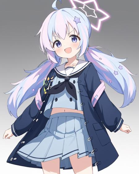 breathtaking,reisa \(blue archive\),1girl, solo, looking at viewer, blush, open mouth, skirt, simple background, shirt, hair ornament, long sleeves, white background, twintails, school uniform, ahoge, :d, pleated skirt, serafuku, sailor collar, star (symbol), coat, v-shaped eyebrows, neckerchief, v, low twintails, halo, white sailor collar, star hair ornament, double v, black neckerchief, star halo
<lora:Reisa_image220_v1:1>. . gorgeous,key visual, vibrant, studio anime,award-winning, professional, highly detailed,high budget, cinemascope