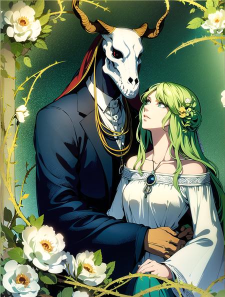 Masterpiece, photograph volumetric lighting, elias ainsworth, animal skull, <lora:Elias_AinsworthB:0.65> with woman, Light Green hair, blue eyes, vines, thorns