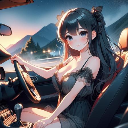 (((masterpiece))),  (((best quality))),  night,  solo,  1girl driving cabrio on mountain road,  (((one-hand fingers holding on steering wheel))),  grace sitting,  drifting,  lace strap cut-out gown,  wind,  cleavage,  big tits,  ribbon updo longhair,  smile,  shy,  blush,<lora:EMS-260531-EMS:1.200000>