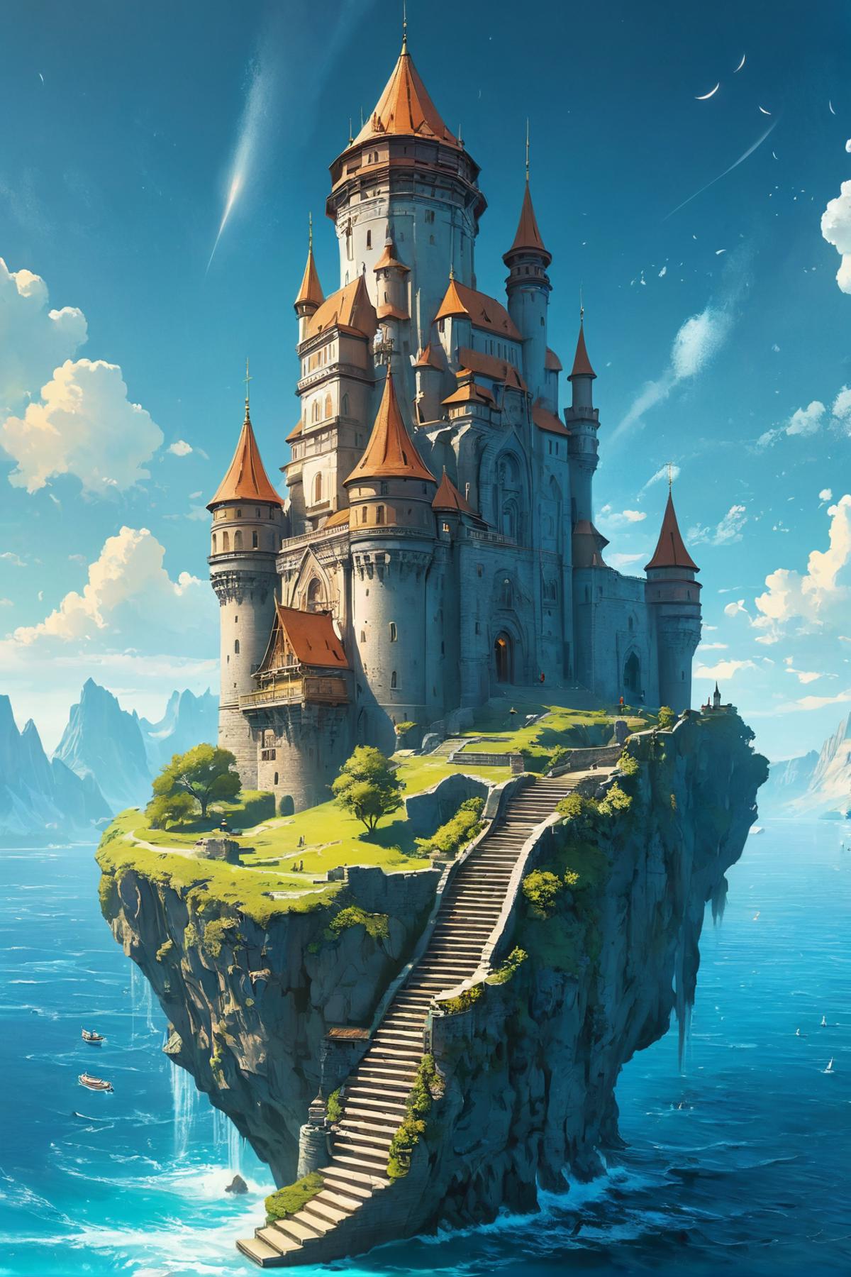 A castle is built on top of a large rock surrounded by water.