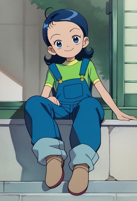 Aiko1, 1girl, short blue hair, blue eyes blue overalls short-sleeve green shirt with yellow accents brown shoes <lora:Aiko1:1>