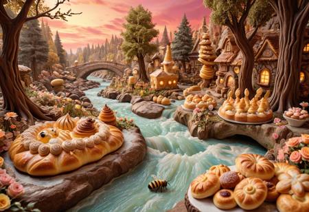 The Rapids of Death,
Style: Whimsical, detailed
    Main Elements: Baked goods (bees buns, flowers pastries, trees bread), imaginative settings
    Color Palette: Warm, inviting colors; golden browns, creams, pastel glazes
    Lighting: Soft and warm lighting to enhance the cozy atmosphere
    Shapes: Realistic yet imaginative forms of baked goods
    Details: Rich in detail, showcasing the textures and forms of various pastries
    Aesthetic: Fun, charming, and delicious
Background:thousand-year-old forest, sharp rocks, river, rapids, dawn, red sky