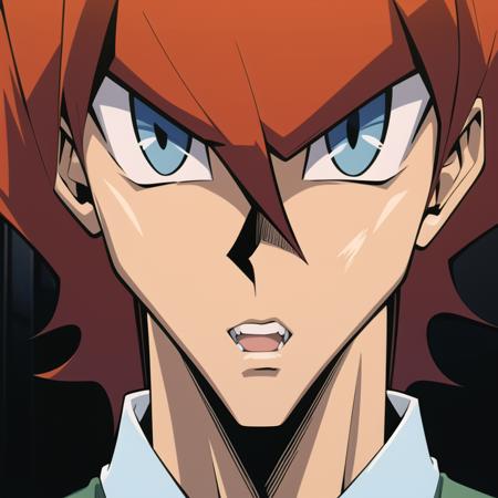 (masterpiece, best quality), TakahiroKagami, 1boy, serious, sharp eyes, orange hair, light blue eyes,   <lora:takahirokagamiyugioh-underbaked:0.8>