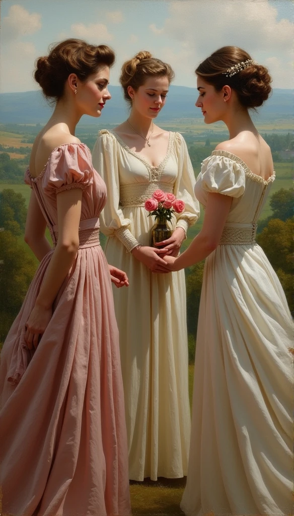 A realistic oil painting of a noblewoman and her friend conversing, while a servant stands behind them holding a glass bottle filled with roses. The intricate details of the women's elegant dresses and the servant's attire are reminiscent of John Singer Sargent's portraits. The use of diffuse lighting adds to the realism and depth of the painting. In the background, we see a beautiful landscape inspired by Thomas Moran's landscapes. This painting captures a moment in time with lifelike precision, making it an impressive piece for any art collection.