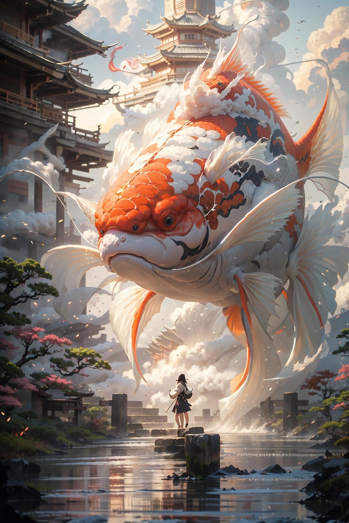 A beautifully illustrated scene with a large goldfish and a woman.