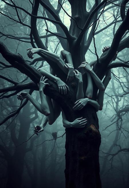 Subject: Tree full of branches
branches; entwined by multiple human-like arms
Arms: Pale, thin, and unnatural, gripping and wrapping around the tree branch
Tree: Dark, moss-covered bark, central focus of the image
Environment: Dense forest with muted green tones, foggy and atmospheric
Lighting: Soft and diffused, minimal highlights, emphasizing eerie shadows
Atmosphere: Haunting, surreal, and unsettling
Mood: Creepy, mysterious, and otherworldly
Style: Hyper-realistic dark surrealism with natural and macabre elements