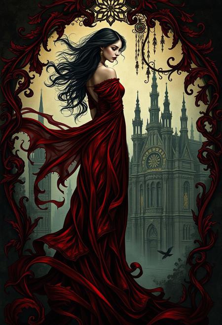A woman in a red dress, but her shadow takes on a life of its own, stretching into abstract forms
gothic surreal portrait, intricate baroque detailing, fluid organic architecture, rich jewel tones, dramatic chiaroscuro lighting, swirling abstract patterns, melancholic ethereal figures, flowing hair and elaborate costumes, gold accents and stained-glass textures, dreamlike cityscape, surreal fantasy symbolism, organic spirals and mosaic-like designs, gothic romance meets vibrant expressionism