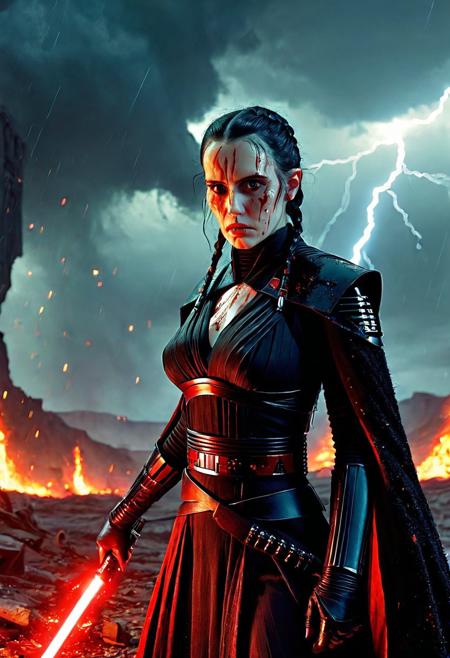A beautiful Dark Sith lord with braided black hair stands defiantly amidst a raging storm on a desolate battlefield. Her Sith robe are intricately detailed and reflect the flickering light of distant fires, Star Wars style, The light of battle illuminates her determined expression as she prepares to face the dark enemy, (holding the Red Lightsaber in his hand: 1.5), Close up. Star Wars art style, Standing on a battlefield at the head of an army of Dark Siths, where a bloody slaughter is taking place, (standing in battle pose: 1.3), cinematic lightning, intricately detailed black and red Sith robe, The scene is reminiscent of a Greg Rutkowski concept art piece, realistic pale freckled face covered in blood, with dramatic lighting and a dark, curvy, looking at viewer, gritty atmosphere, Ultra-detailed, Raytracing reflections, High contrast, beautiful Dark Sith lord, beautiful firm body, girl athletic figure, (the pale face is very similar to Wednesday: 1.6), oranges, and greens, attractive 21 years old woman, cinematic lightning, Cinematic film still, Medium shot. Best quality, Masterpiece, The scene is reminiscent of a Greg Rutkowski concept art piece, realistic pale freckled face covered in blood, with dramatic lighting and a dark, gritty atmosphere, asymmetrical balance