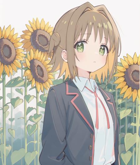 white shirt, red ribbon, OkaAsahi; 1girl,  white background, simple background,sunflower, school uniform, jacket,  looking at left
 <lyco:onimai-cs2-dim8-4-loha-step-30000:1>