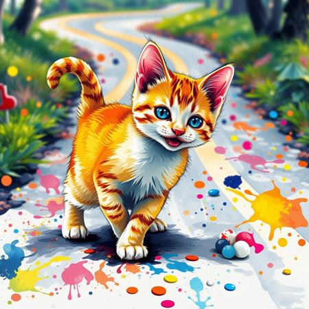 A cheerful little cat, depicted in the style of bright and colorful ink splashes, plays against a background of a road also made of ink splashes. The cat, with a playful expression, explores the surrounding space, while the vibrant colors create a joyful atmosphere. The road winds and is sprinkled with multicolored ink splashes, giving the scene a unique and artistic appearance