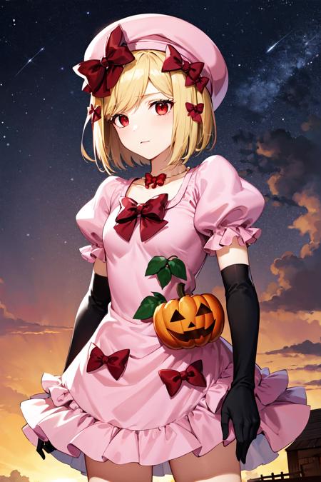 masterpiece, best quality, highres, aalamb, short hair, hair bow, red bow, beret, pink headwear, red eyes, necklace, frills, pink dress, jack-o'-lantern, puffy sleeves, elbow gloves, black gloves, <lora:lambdadelta_v1:0.7>, sunset, looking at another,