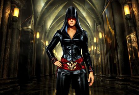 [A] “A statuesque female assassin stands poised in an alcove, cloaked in gleaming black latex, her belt bearing the Assassin’s eagle symbol in burnished gold, her hood down to reveal a lightning-blue streak in her hair and a single beauty mark beneath one eye.”
—
[B] “Around her, a forgotten sanctuary: vaulted gothic arches dripping with candlelit shadows; polished obsidian-black stone floors flecked with gold veins; towering carved columns encrusted with flickering lanterns; dust motes dancing through shafts of dying amber light; a tattered Assassin’s banner emblazoned in metallic gold hanging off one column; reflective laminate panels inset in the walls catching every glint of candle flame.”