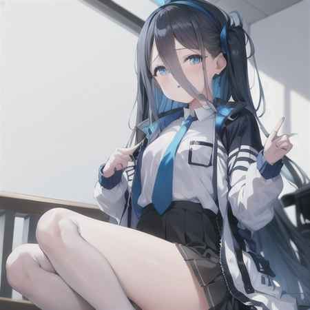 masterpiece, best quality, highres, 1girl, arisu, jacket, white shirt, hairband, necktie, collared shirt, black skirt, halo, blue necktie, <lora:blue_archive_arisu-v1:0.8>