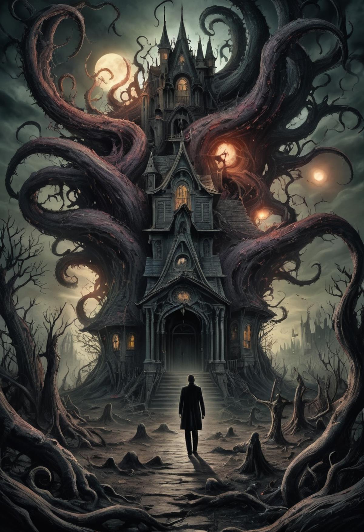 A man standing in front of a haunting mansion with a giant tree and an octopus.