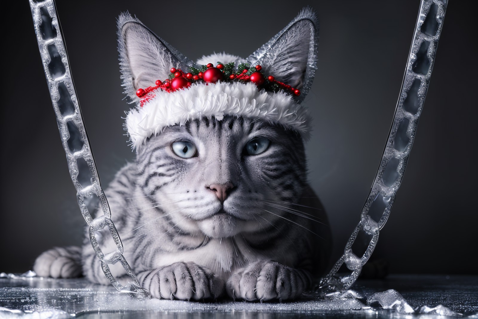 <lora:Xmas3:0.7> Xmas ice covered chain ribbon wrapped cat on a filigree background