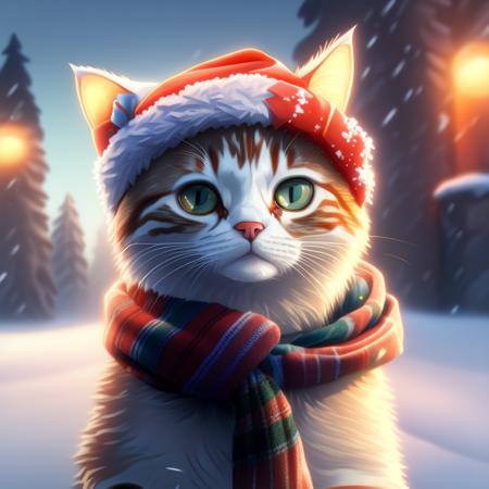 a cute skinny cat wearing a santa hat and scarf in the snow, realistic, at artstation and behance, art by wcat8-v2-5500, cinematic lighting, night, heavy snowfall, snowstorm