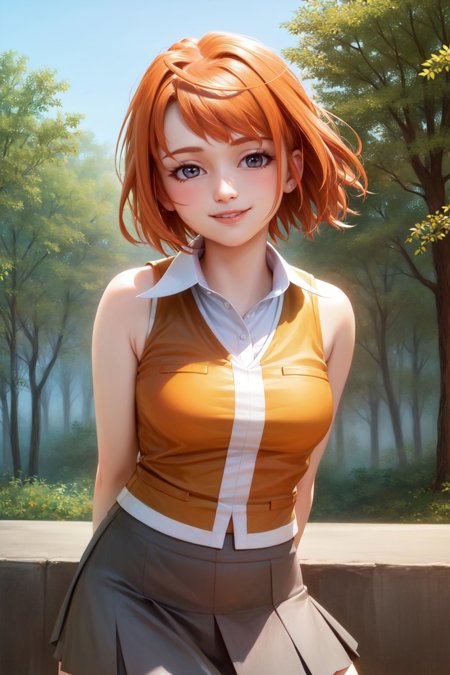 tokiha mai orange sleeveless shirt, skirt orange shirt, skirt, white thighhighs, gloves, scarf