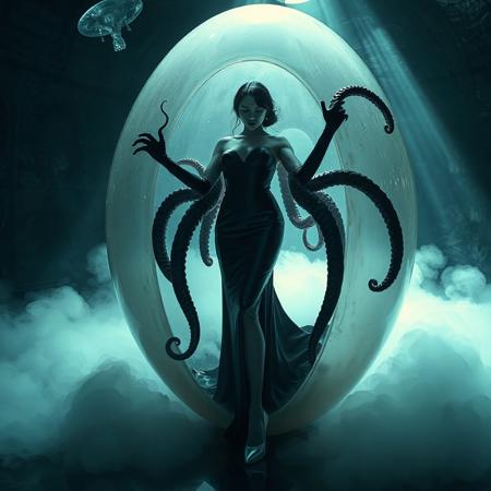 noble norvegian femme fatal lady  standing struggling with  tentacles holding her and pulling her inside  hole in giant transparent slime egg,  wearing evening GLOSSY THIN black slime live tentacles gown, GLOVES  and high heels, , surrounded by  weird fog from the floor, captured in light beam from celling,  alien breeding chamber,  , portholes to outer space,  ultrathin waisT, HORROR,  reminiscent of H.R. Giger, Zdzisław Beksinski, and Ash Thorp's dark, sleek styles, with close-up glamour photography, glossy satin and silver heels glistening, fleshy slime dripping, and dark shadows.