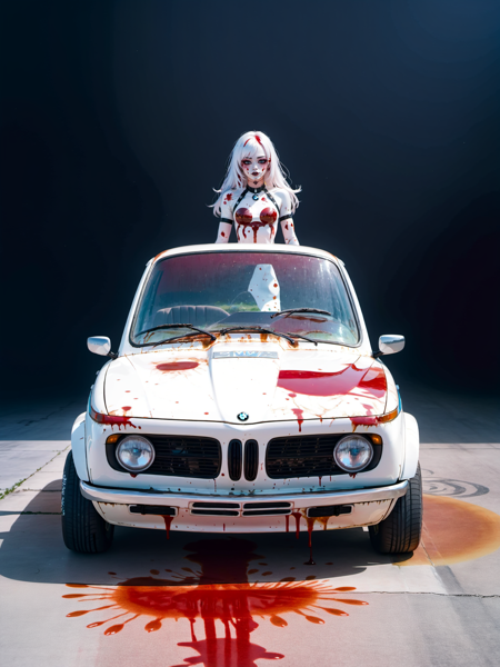 Weird Cars Concept, a small white bmw bubble car with a glass top, splattered with blood, rusted, old, extreme light and shadow, Drag queen standing by the hood, kawaii, realistic, <lora:Euro_carsSDXL:1>