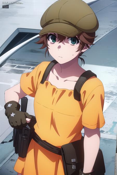 itsuki yakumaru, short hair, brown hair, (green eyes:1.3), gloves, hat, short sleeves, shorts, bike shorts, pouch,