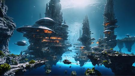 breathtaking cinematic film still In an enchanting (underwater:1.6) realm, explore a (futuristic city :1.5),(with flying space cars:1.8) futuristic designed buildings:1.8) and fishes swimming around and plantation, vibrant coral reefs adding a mystical allure to this realm. Illuminated by the soft, ethereal sunlight filtering through the ocean surface, the detailed architecture and the diverse aquatic life create a sight to behold. Realistic & detailed. masterpiece, Epic Scale, . shallow depth of field, vignette, highly detailed, high budget, bokeh, cinemascope, moody, epic, gorgeous, film grain, grainy . award-winning, professional, highly detailed
