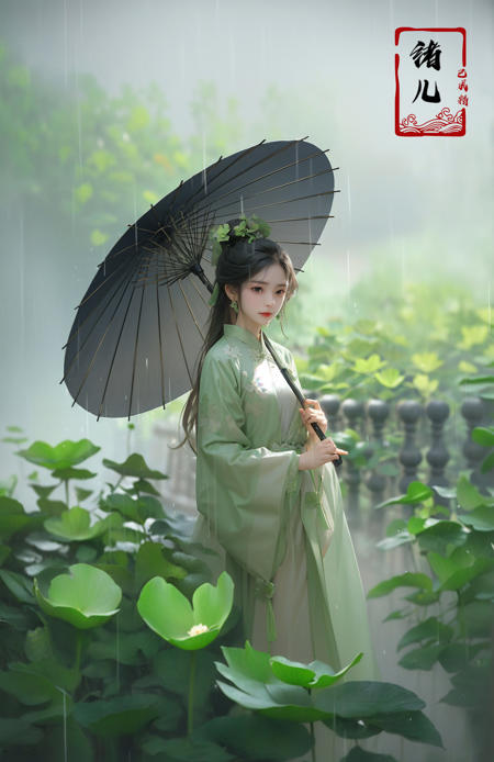 A woman holds a oil-paper umbrella on her shoulder to shelter from the rain as part of a fashion event in the style of Yue Xiaofei, light jade, ethereal dream, Tang Youhong, elegant, detailed design, dansaekhwa
Joil-paper umbrellachinese clothesholding umbrellarain (Milky skin, shiny skin:1.3)(lotus leaf:1.2)
<lora:oil paper umbrella_20230917191731:0.8>