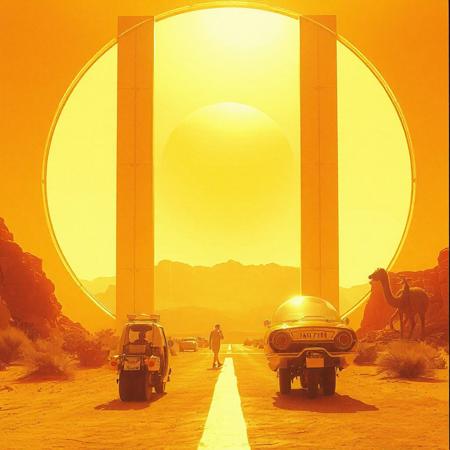 avant-garde, retro futurism , gold and chrome, california desert, 1970s, robert T, techno style