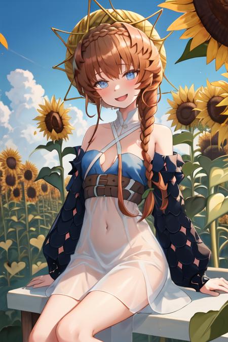 best quality, masterpiece, highres, solo, {van_gogh_fgo:1.15}, braid, long_hair, blue_eyes, bangs, side_braid, hat, orange_hair, crown_braid, smile, brown_hair, flower, sunflower, open_mouth, 1girl, blue_skin, colored_skin, looking_at_viewer, bare_shoulders, dress, long_sleeves, see-through_sleeves