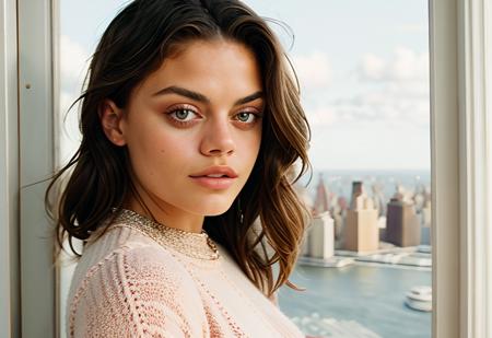 rachaellange a close up realistic  photo of a beautiful woman, detailed face, detailed features,  wearing a summer dress, standing in a large window, new york