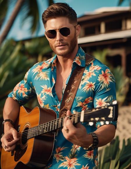 cinematic full body photo of jensen ackles wearing Hawaii floral shirt and shorts, sunglasses, (playing guitar in tropical beach), 35mm photograph, professional, 4k, highly detailed, soft smile, <lora:jensen ackles-XL:0.75> .