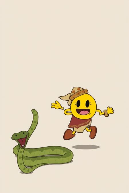 illustration of pacman dressed as a Moroccan snake charmer running away from a big snake, cartoon, simplistic,
