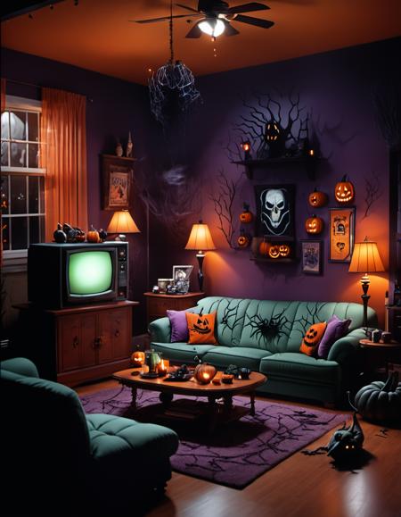 <lora:Mystery_Inc_BackgroundsXL:1> a classic 1990s sitcom tv living room with 1990s style and colors decorated for Halloween, dramatic lighting