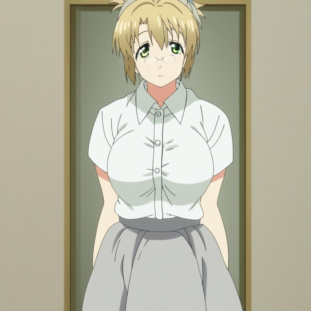 solo, 1girl, misaki, short blonde hair, green eyes, glasses, white button up shirt, grey skirt, standing