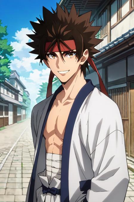 Sagara Sanosuke,brown hair, brown eyes,headband,spiked hair, dougi,sarashi weapon,huge weapon,sword,