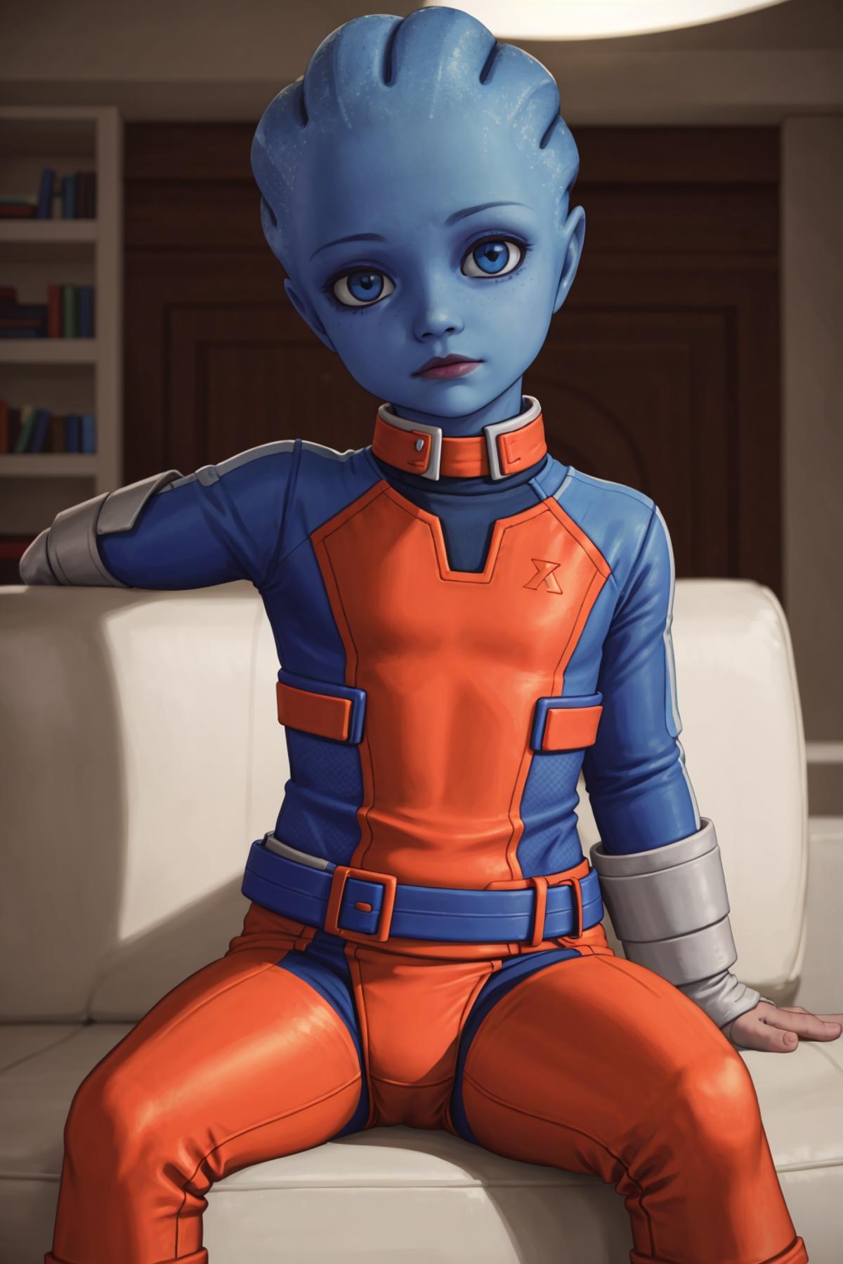 A blue and orange cartoon character sitting on a white couch.