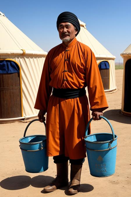 high quality, best quality, solo, full body,
a 13th century Mongolian nomad is holding water buckets on plains, there are traditional yurts in the far,
bucket punishment <lora:bucketPunishment:0.58>