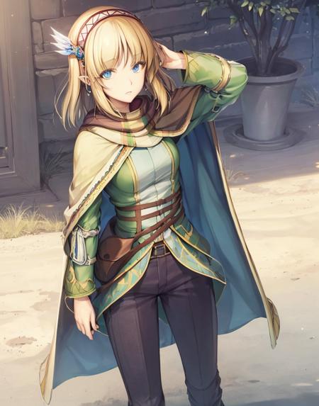 cayna, blue eyes, short hair, black pants, pointy ears, bangs, hairband, hair ornament, blonde hair, cape